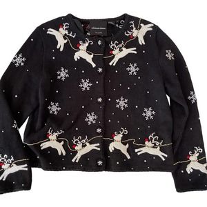 Michael Simon Cardigan Christmas Sweater Art Santa Claus Beaded Reindeer Large